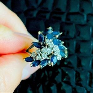 14k White Gold Diamond & Sapphire Cluster Cocktail Designer Ring